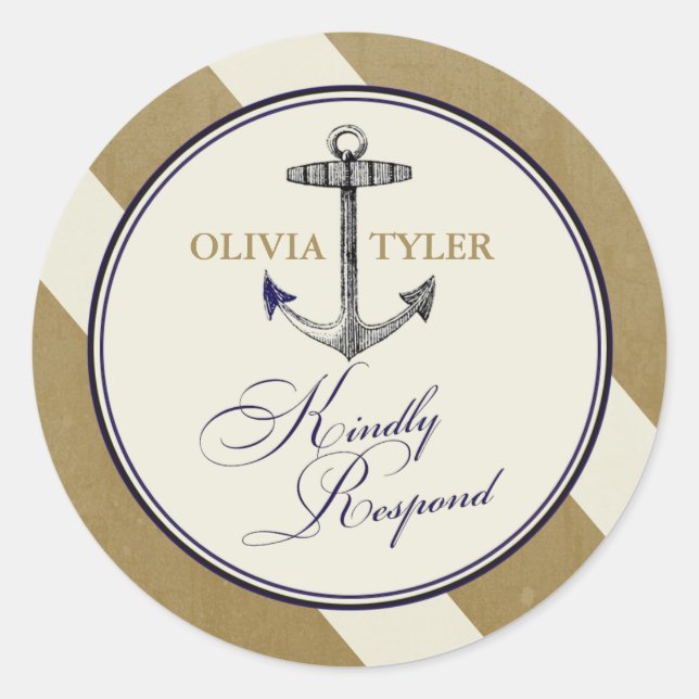 Nautical Navy & Gold Anchor RSVP Classic Round Sticker (Front)