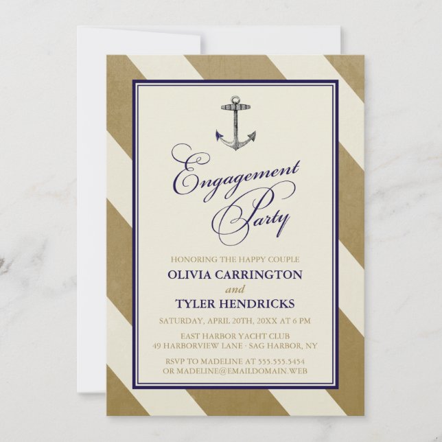 Nautical Navy & Gold Engagement Party Invitation (Front)