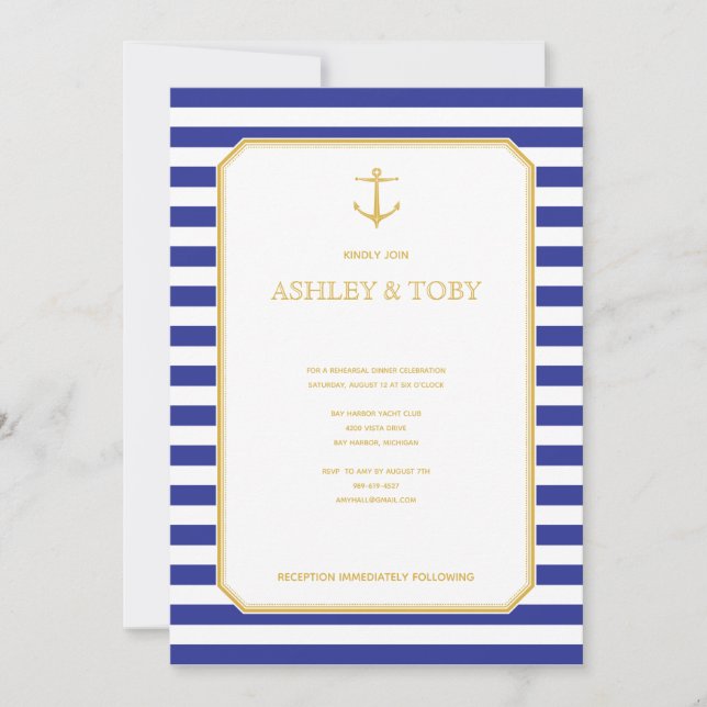 Nautical Navy & Gold Rehearsal Dinner Invitation (Front)