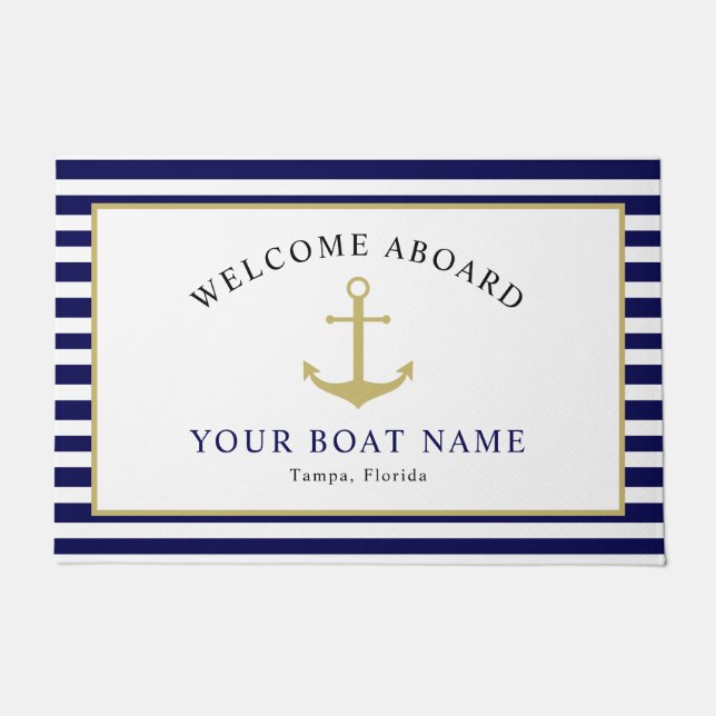 Nautical Navy Gold Welcome Aboard Boat Name Anchor Doormat (Front)