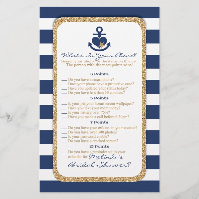 Nautical Navy & Gold What's In Your Phone Flyer (Front)