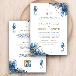 Nautical Navy Monogram Seahorse QR Code Wedding Invitation