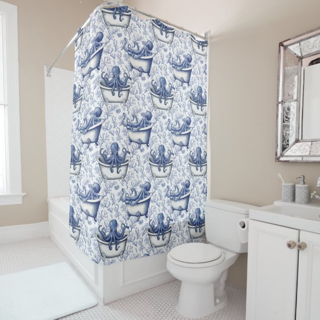 Nautical Navy Octopus in a Bath Shower Curtain (In Situ)