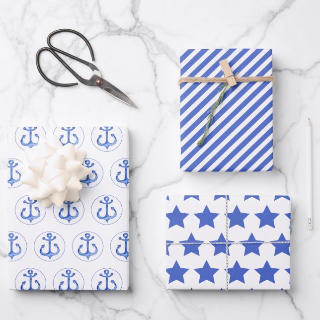 Nautical Navy Patterns: Anchors, Stripes & Stars Wrapping Paper Sheet (Front)