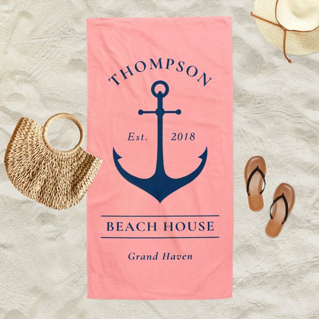Nautical Navy Pink Anchor Custom Vacation Home Beach Towel (Creator Uploaded)