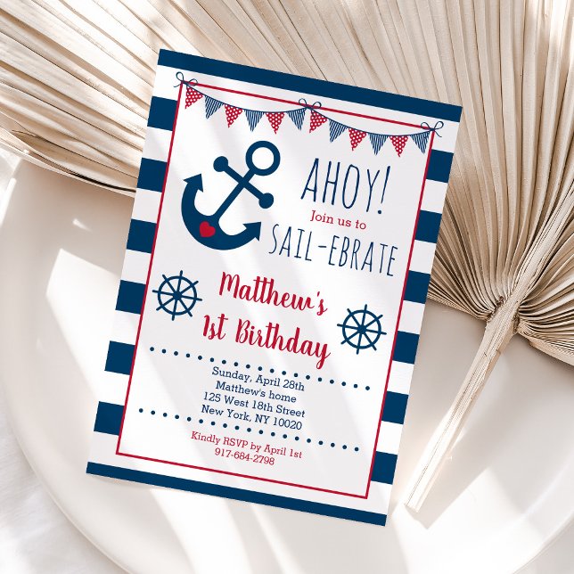 Nautical Navy & Red Anchor Boy Birthday Invitation (Creator Uploaded)