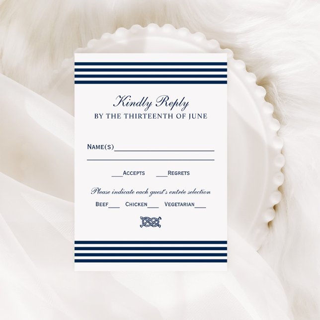 Nautical Navy Rope Knot Stripes Wedding RSVP Card (Creator Uploaded)