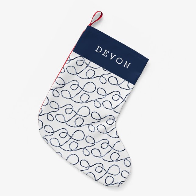 Nautical Navy Rope Pattern Personalised Small Christmas Stocking (Front (Hanging))