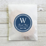 Nautical Navy Rope Wedding Monogram Thank You Classic Round Sticker<br><div class="desc">Modern preppy nautical wedding "Thank You" favour sticker features a wedding monogram initial displayed inside a round rope frame and custom text that can be personalised with the bride and groom names and wedding date. Navy blue and white colour scheme.</div>