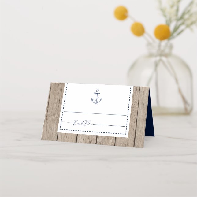 Nautical Navy Rustic Wood Anchor Wedding Place Card (Front)