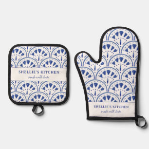 Nautical Navy Sea Shell Made With Love Oven Mitt & Pot Holder Set