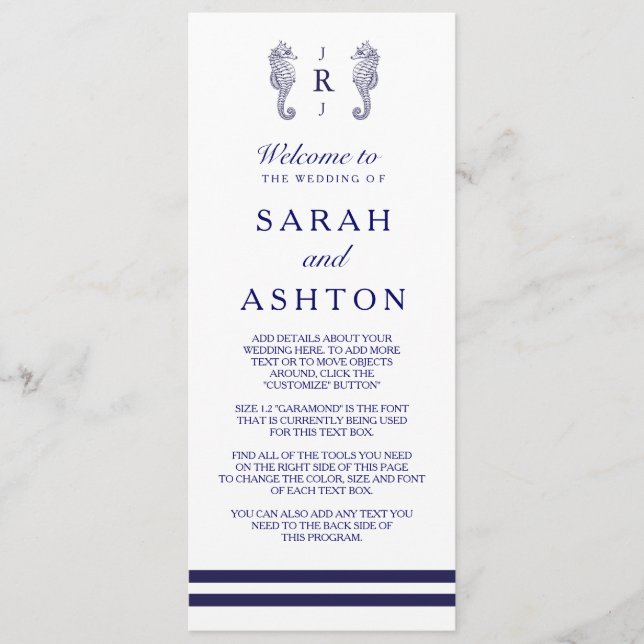 Nautical Navy Seahorse Wedding Program Programme (Front)