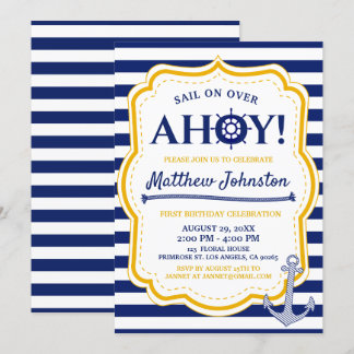 Nautical Navy Ship Baby Boy Stripe Anchor Birthday Invitation