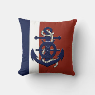 Nautical navy ship's wheel/anchor red throw pillow