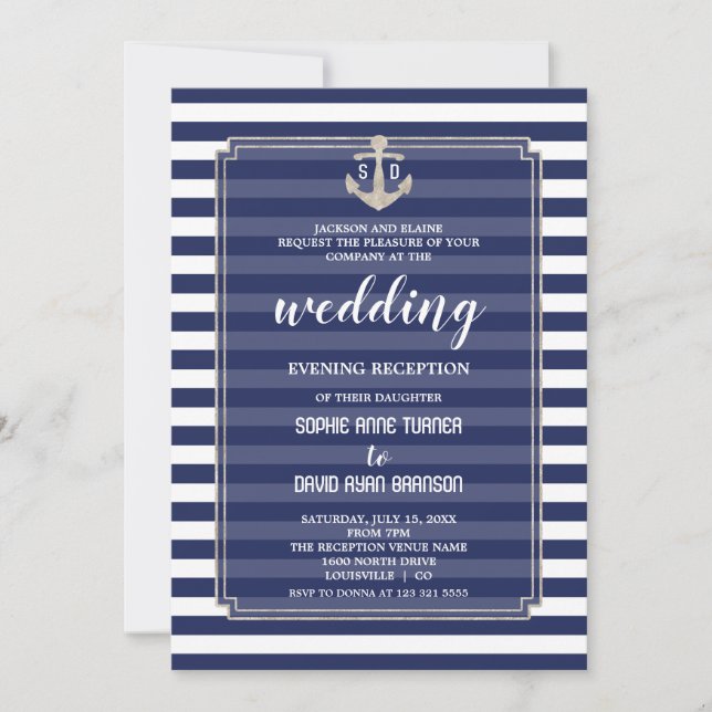Nautical Navy Silver Wedding Evening Reception Invitation (Front)