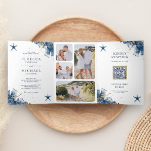 Nautical Navy Starfish All in One QR Code Wedding Tri-Fold Invitation