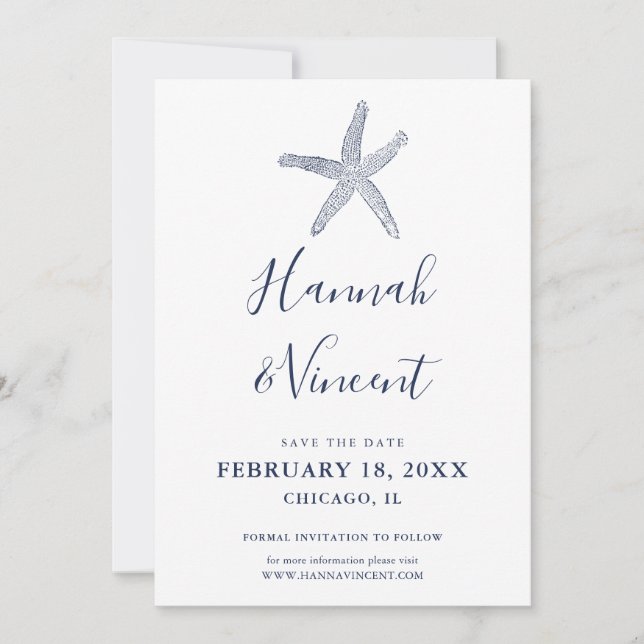 Nautical Navy Starfish Save the Date Card (Front)