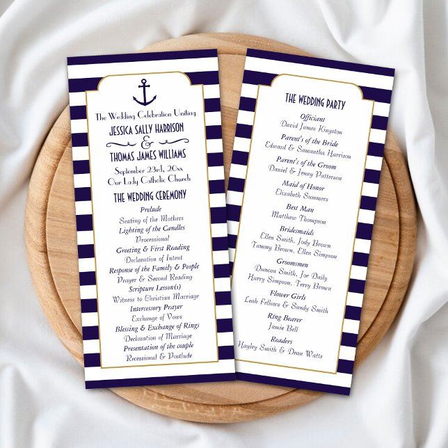 Nautical Navy Stripe Anchor Wedding Program Rack Card (Creator Uploaded)