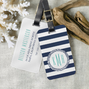Nautical Navy Stripe & Aqua Monogram Luggage Tag
