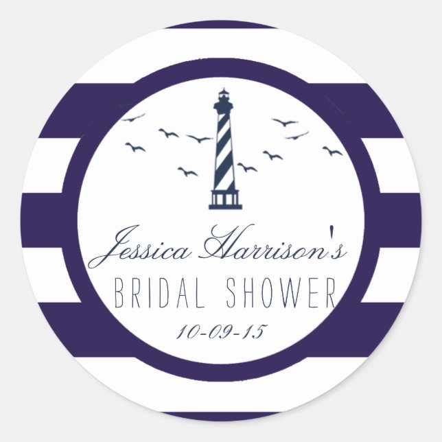 Nautical Navy Stripe Lighthouse Bridal Shower Classic Round Sticker (Front)