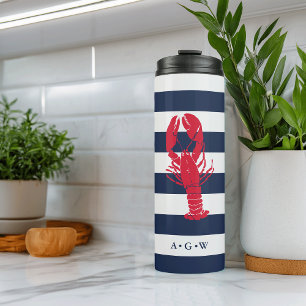Nautical Navy Stripe & Lobster   Monogram Thermal Tumbler
