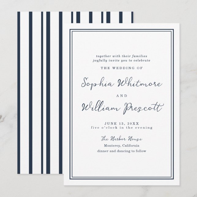 Nautical Navy Stripe Wedding Invitation (Front/Back)