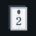 Nautical Navy Stripe Wedding Table Number Card<br><div class="desc">Nautical Wedding Table Number Card in classic navy and white — a chic coastal reception table sign perfect for elegant seaside weddings. Inspired by timeless Coastal Elegance and yacht-club aesthetics, this navy stripe table number features a refined monogram accent and crisp preppy layout. Perfect for the modern coastal bride. Pair...</div>