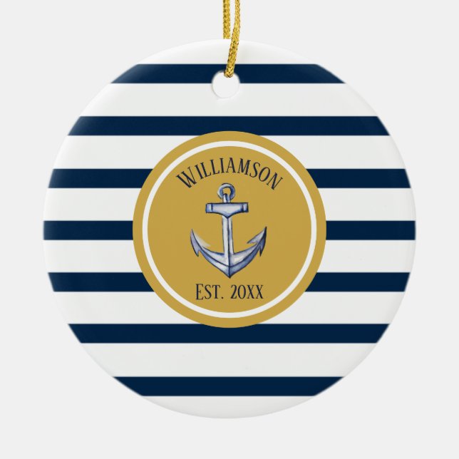 Nautical Navy Stripes and Anchor Custom Wedding Ceramic Tree Decoration (Front)