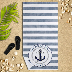 Nautical Navy Stripes and Anchor Personalised Beach Towel