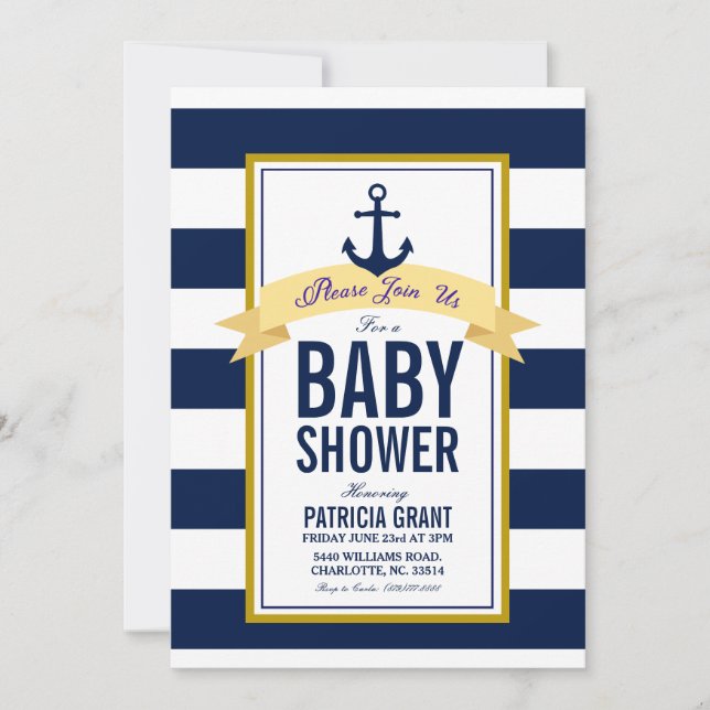 Nautical Navy Stripes Baby Shower Invitation (Front)