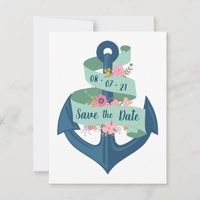 Nautical Navy Stripes Floral Wedding Save the Date Invitation (Front)