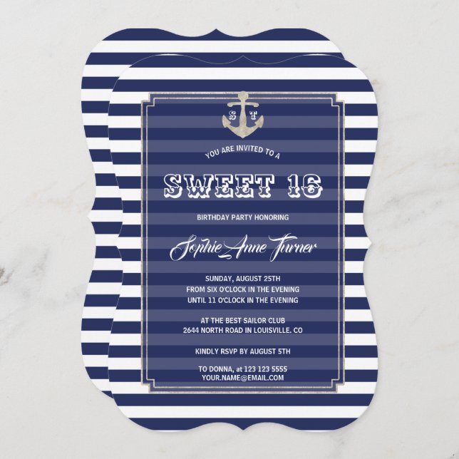 Nautical Navy Stripes Silver Sweet 16 Party Invitation (Front/Back)