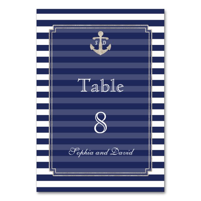 Nautical Navy Stripes Silver WeddingTable Number Table Number (Front)