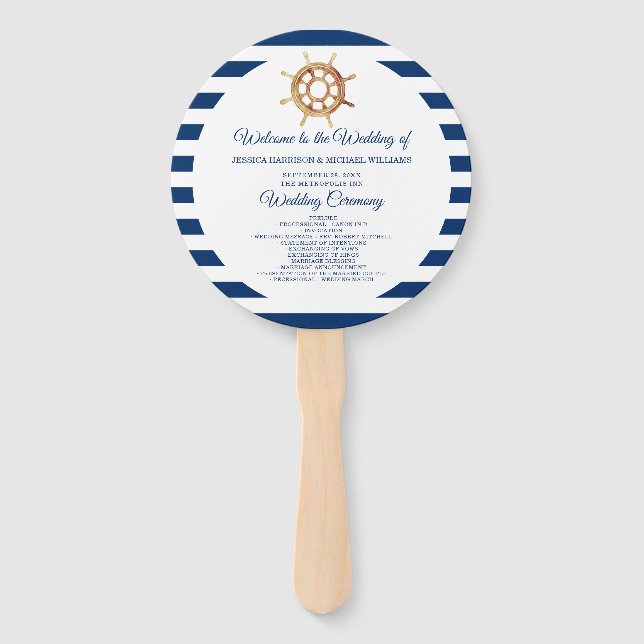 Nautical Navy Stripes Steering Wheel Wedding Hand Fan (Front)