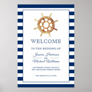 Nautical Navy Stripes Steering Wheel Welcome Poster