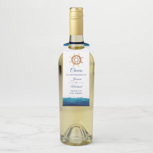 Nautical Navy Stripes Watercolor Steering Wheel Bottle Tag