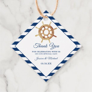 Nautical Navy Stripes Watercolor Steering Wheel Favour Tags