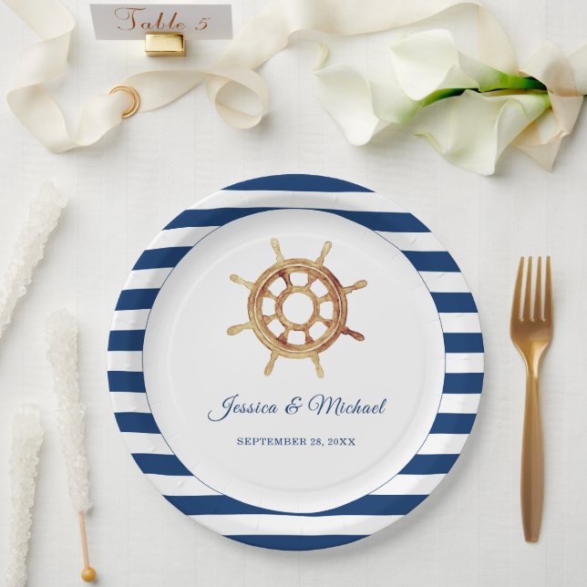 Nautical Navy Stripes Watercolor Steering Wheel Paper Plate (Wedding)