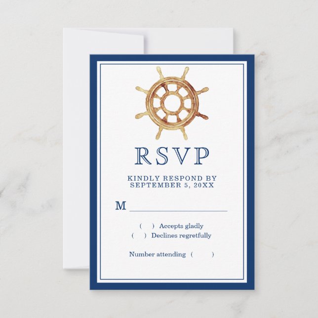 Nautical Navy Stripes Watercolor Steering Wheel RSVP Card (Front)