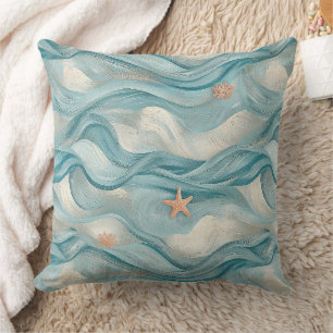 Nautical Navy Teal Waves and Starfish Print Cushion