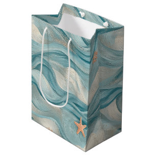 Nautical Navy Teal Waves and Starfish Print Medium Gift Bag