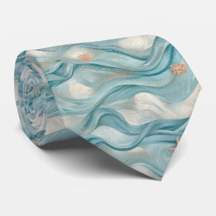 Nautical Navy Teal Waves and Starfish Print Tie