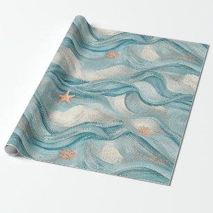 Nautical Navy Teal Waves and Starfish Print Wrapping Paper