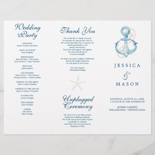 Nautical Navy Tri-Fold Wedding Program Flyer (Front)