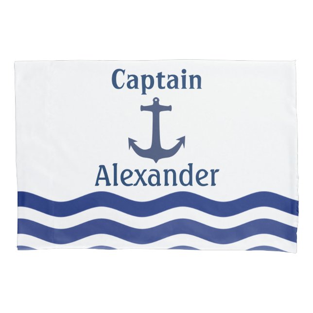 Nautical Navy Waves and Anchor Captain Name Pillowcase (Front)