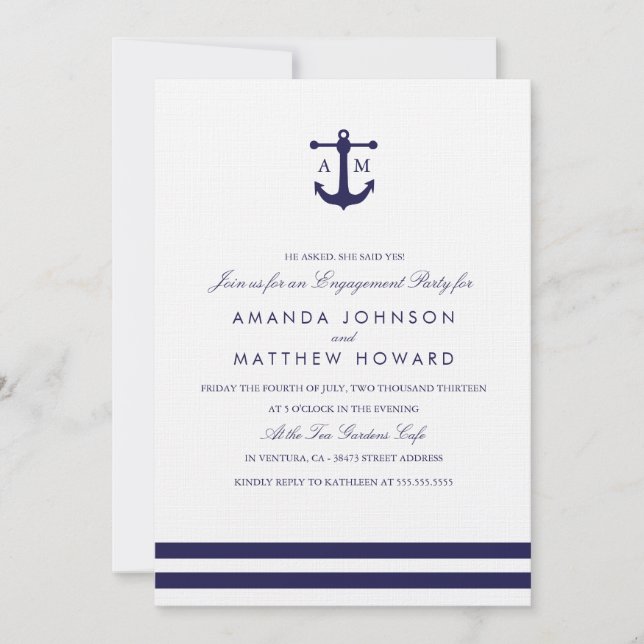 Nautical Navy Wedding Engagement Party Invite (Front)