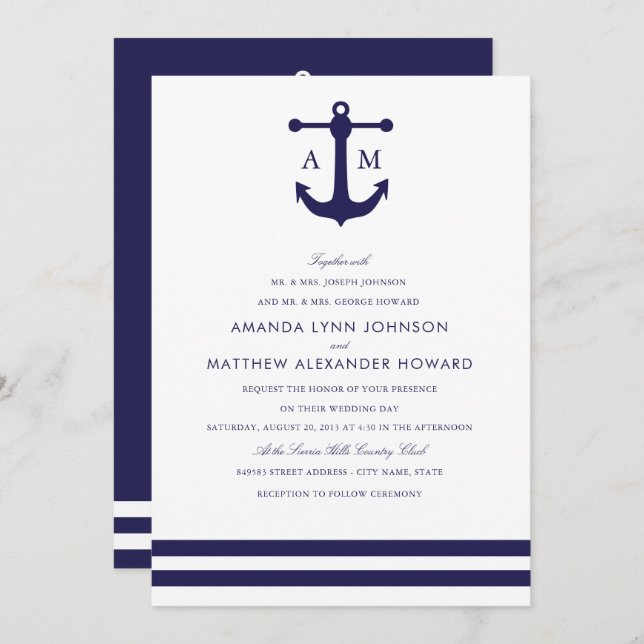 Nautical Navy Wedding Invitation (Front/Back)