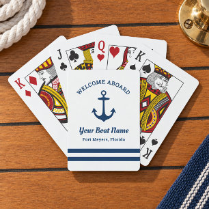 Nautical Navy Welcome Aboard Boat Name Playing Cards