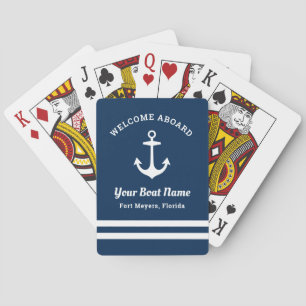 Nautical Navy Welcome Aboard Boat Name Playing Cards