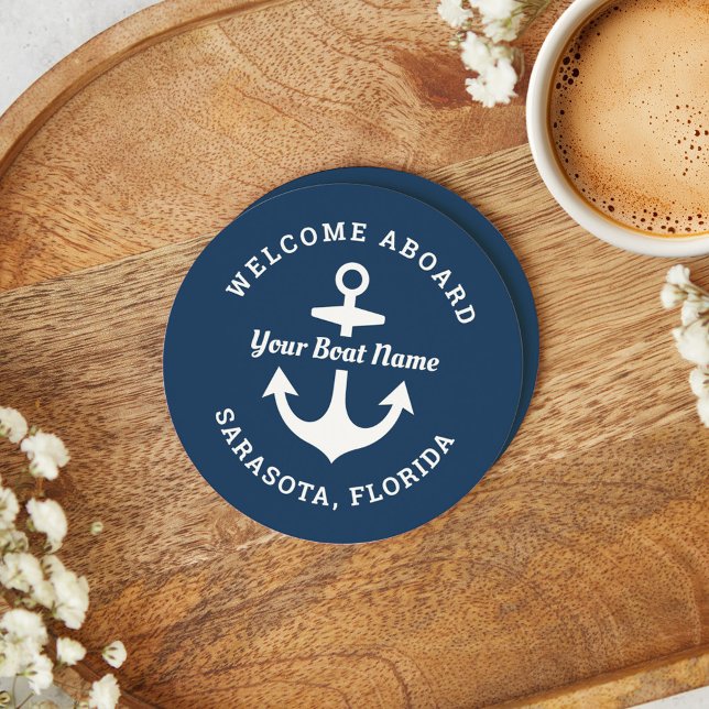 Nautical Navy Welcome Aboard Boat Name Round Paper Coaster (Creator Uploaded)